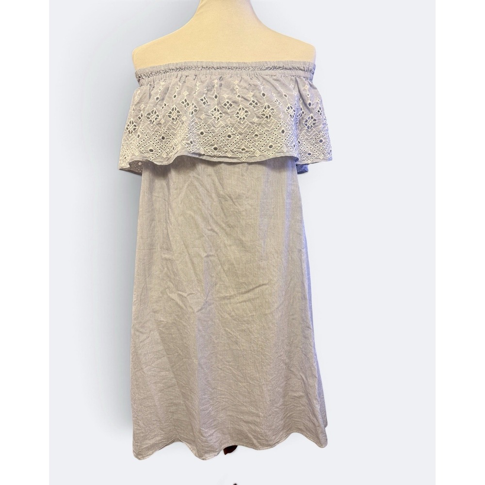 LOFT Sz M Dress Women's Blue White Striped Off Shoulder Eyelet Lace Boho Shift